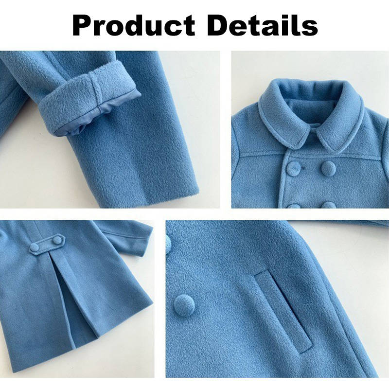Girls Dress Coat Kids Winter Warm Jacket Button Trench Long 2-7 Years-Blue