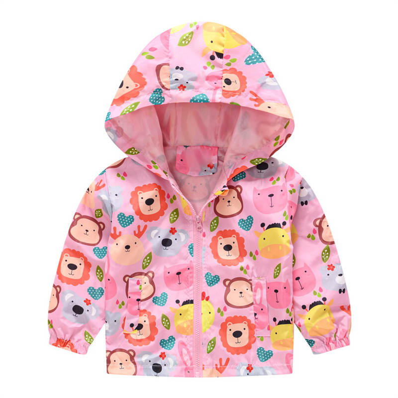 Toddler Boys Girls Cartoon Print Zip Jacket Hooded Trench Kids Casual Coats-3