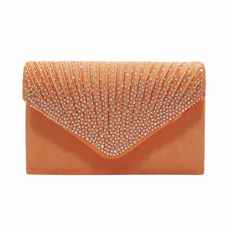 Ladies Frosted Satin Evening Clutch Rhinestones Crossbody Bag-Orange