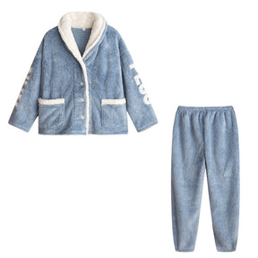 Womens Winter Fleece Pajamas Set Warm Loungewear-Haze Blue