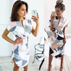 Womens Sexy Dresses Summer Casual V-Neck Printing Pattern Belted Slim Dress-White