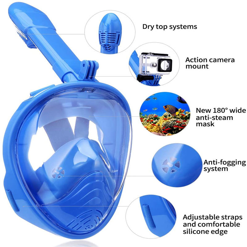 Kids Snorkel Mask Full Face with Camera Mount 180 Degree Panoramic View Snorkeling Set-Blue