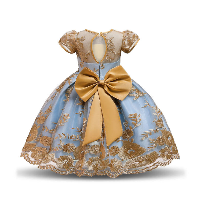 Girl Flower Lace Printed Cotton Elegant Tulle Bow Belt Princess Dress-Yellow