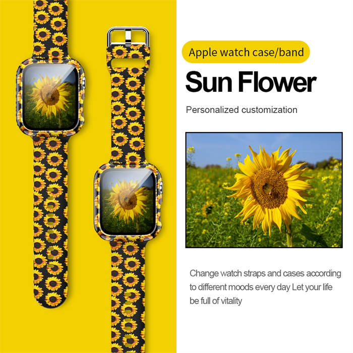 Silicone Printed Watch Band with Screen Protector Case for iWatch Series SE/6/5/4/3/2/1-SunFlower