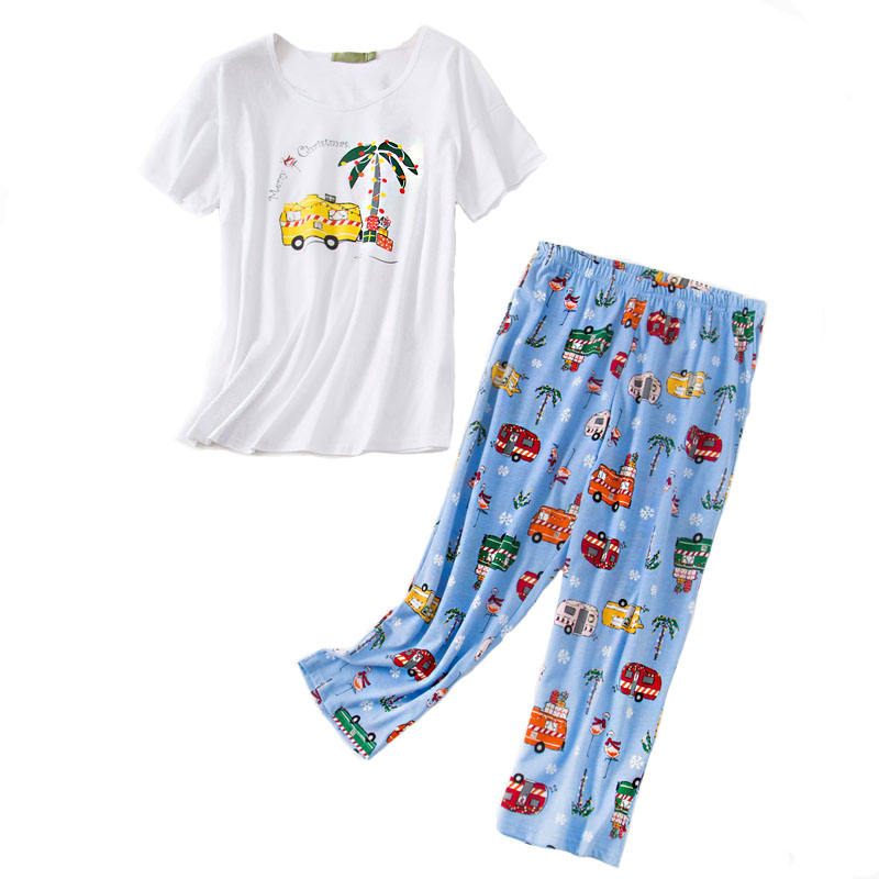 Womens Short Sleeve Casual Prints Pajama Cropped Trousers Set-Blue Coconut Car