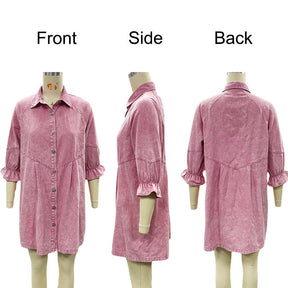 Denim Shirt Dress for Fall Lantern Sleeve Vintage Loose Babydoll-Pink