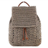 Women Straw Handmade Crochet Backpack Flap Drawstring Casual Beach Bag-Grey