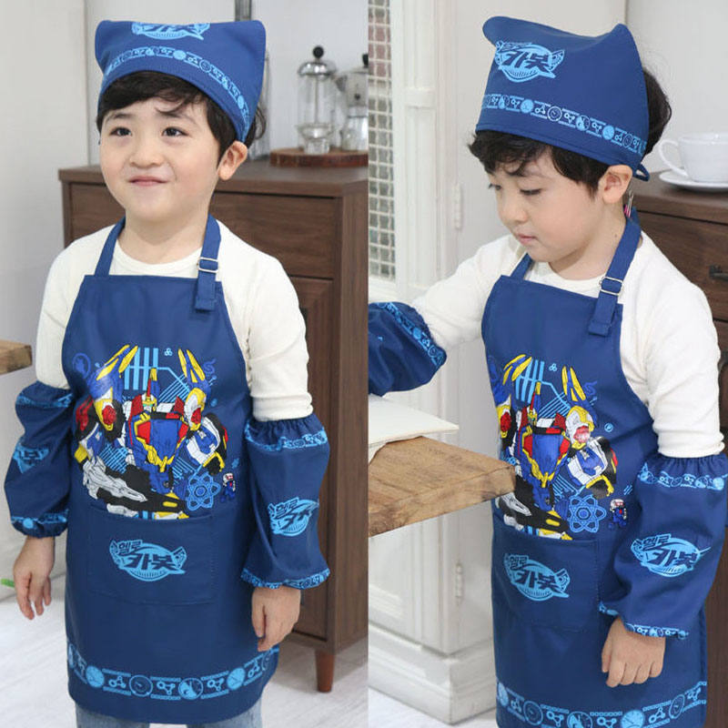 Kids Painting Apron with Sleeves Covers and Headscarf Set for Cooking-Blue