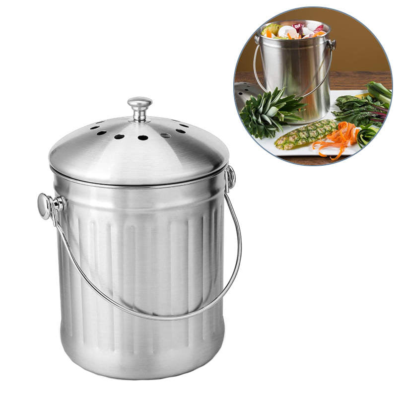 Stainless Steel Compost Bin for Kitchen Countertop Includes Charcoal Filter