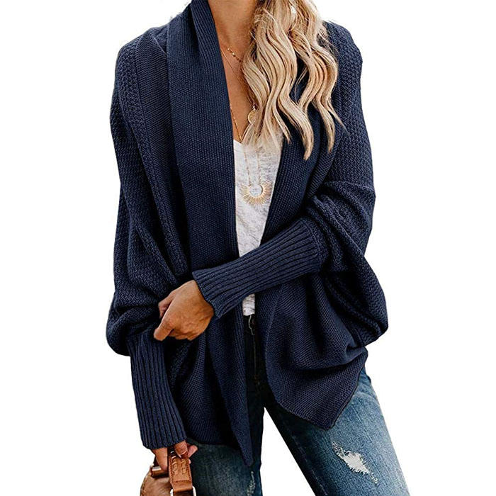 Women's Batwing Knitted Oversized Slouchy Solid Cardigan Sweater Knit Outwear-Dark Blue