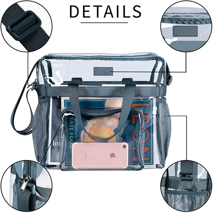 PVC Large Capacity Transparent Travel Tote Bag for Work Stadium Approved-Gray