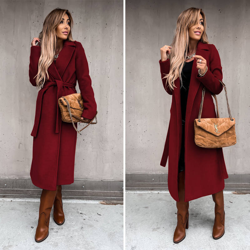 Womens Trench Coats Lapel with Tie Belt Fashion Winter Long Outwear-Wine Red