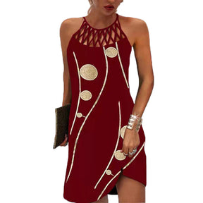 Womens Printed Mesh Belt Sleeveless Summer Casual Dress-WineRed