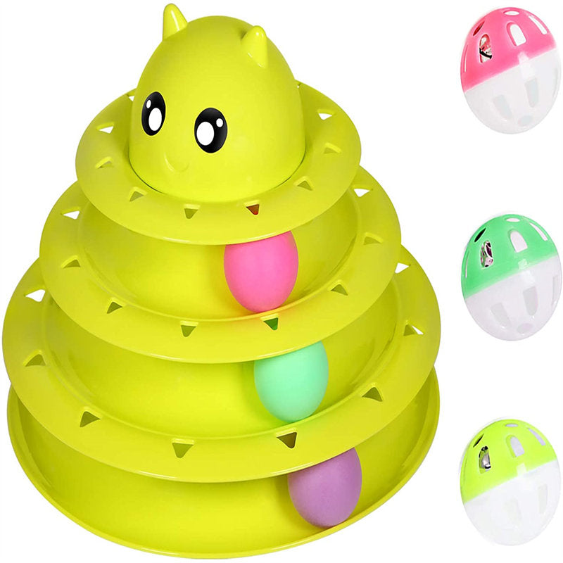 Cat Toy Roller 3-Level Turntable with Six Colorful Balls Interactive Puzzle Kitten Toys-Green