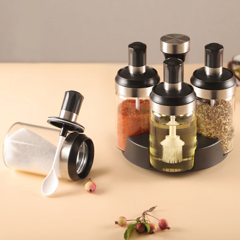 Revolving 4-Jar Seasoning Organizer Rack Built-in Spoon Moisture-Proof-SS304 Lid