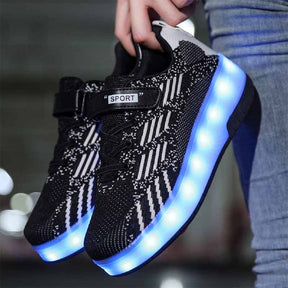 Kids LED Rechargeable Roller Skate Shoes with Double Wheel-Black