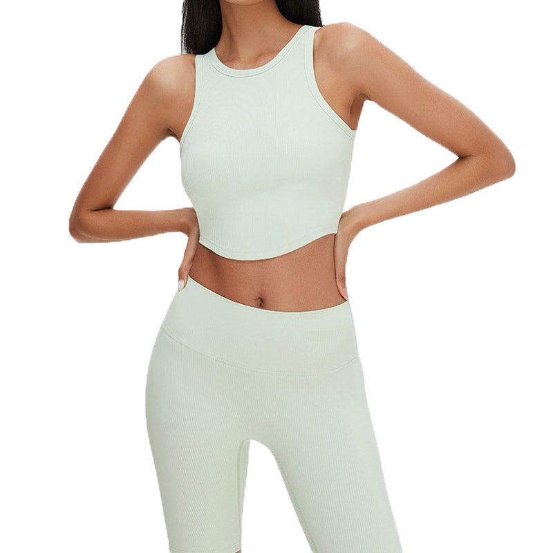 Rib-Knit Crop Tank Tops Removable Padded Quick Dry Sports Bras-Green