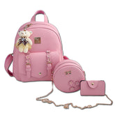 Mini Leather Backpack Purse 3-Pieces Fashion Flower Zipper Daypacks for Girls and Women-Pink