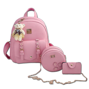 Mini Leather Backpack Purse 3-Pieces Fashion Flower Zipper Daypacks for Girls and Women-Pink