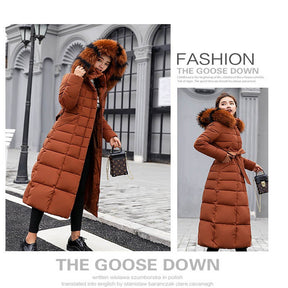 Women Warm Down Jacket with Hood Fur Long Puffer Coat-Caramel