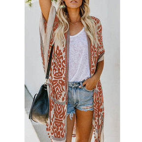 Women Print Kimono Tassel Casual Cardigan V Neck Loose Swimsuit Cover Up Beachwear-Pink