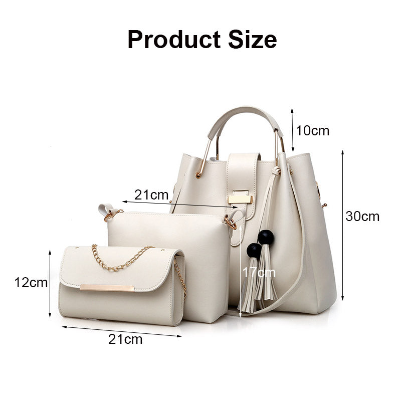 3Pcs Women Fashion Handbags Wallet Tote Bag Shoulder Bag Set-White