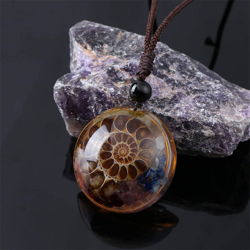 Round Chakra Fossil Resin Pendant Necklace for Women Men