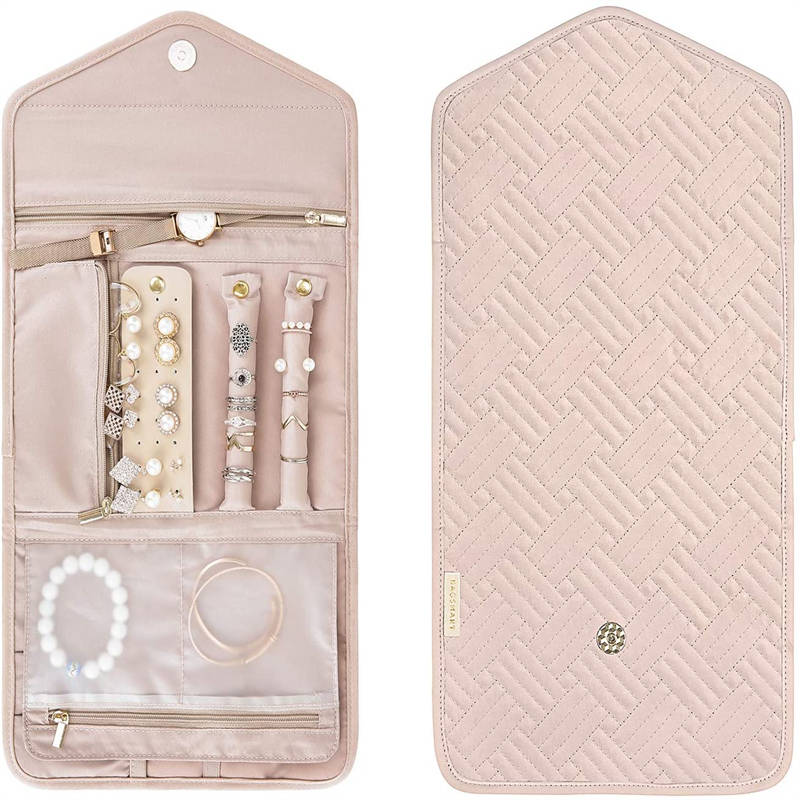 Travel Jewelry Organizer Roll Foldable Jewelry Case for Rings Necklaces - Pink