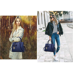 Fashion Womens PU Leather Embroidered Handbags Shoulder Tote Bags-Blue