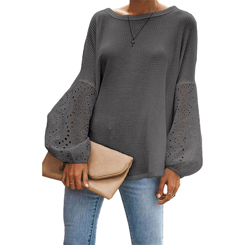 Womens Off Shoulder Tops Waffle Knit Lantern Long Sleeve Pullover-Grey