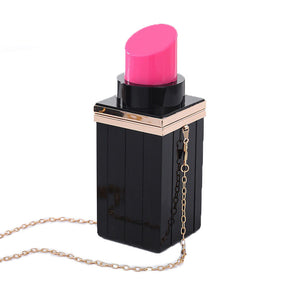 Women Acrylic Lipstick Shape Evening Purses Vintage Banquet Handbag-Black Pink