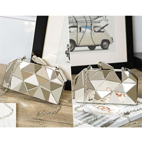 Women Lattice Pattern Metal Handbag Chain Geometric Evening Clutch Purse-Silver