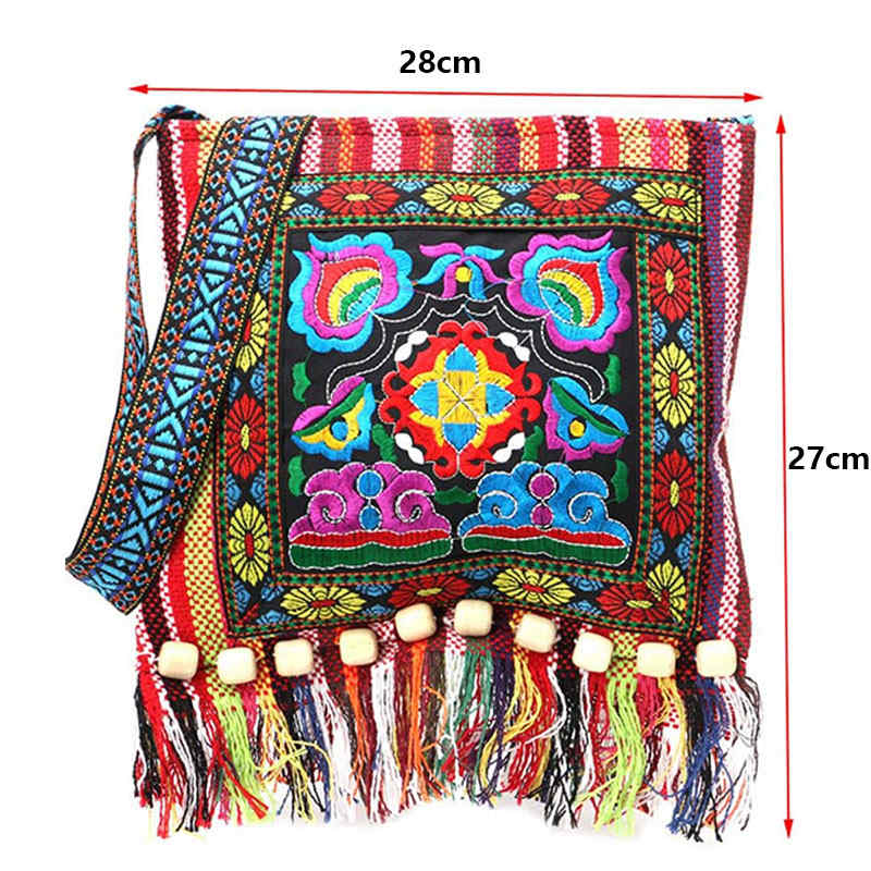 Vintage Embroidered Fringe Sling Crossbody Bag Boho Shoulder Bag-Red Camellia