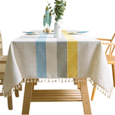 Embroidery Tassel Tablecloth Cotton Linen Dust-Proof Table Cover for Party Home Tabletop Decoration-BlueYellow