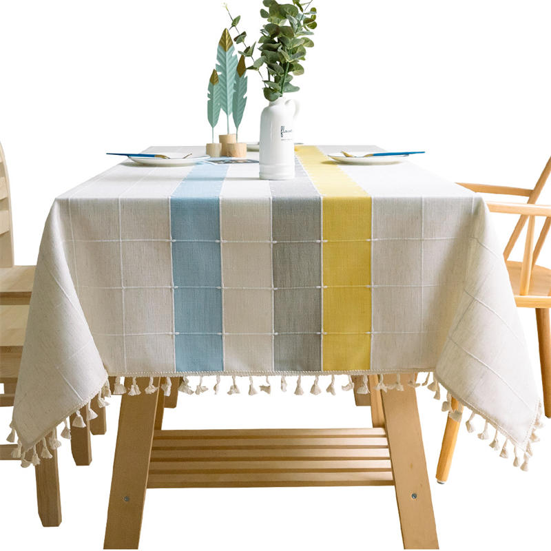 Embroidery Tassel Tablecloth Cotton Linen Dust-Proof Table Cover for Party Home Tabletop Decoration-BlueYellow