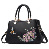 Women Satchel Bags Crossbody Embroidery Handbags-Black