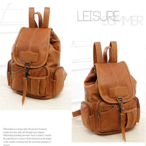 Teenager Leather Backpack Wallet Travel Drawstring Backpack-LightBrown