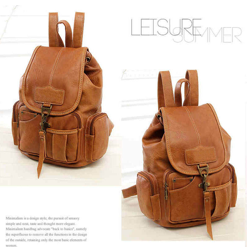 Teenager Leather Backpack Wallet Travel Drawstring Backpack-LightBrown