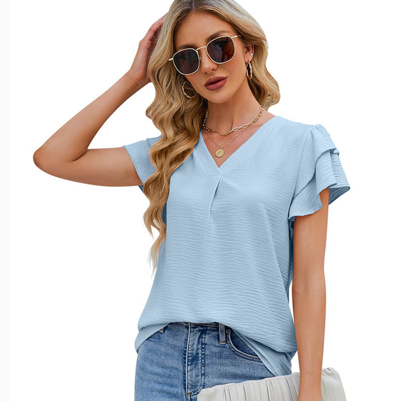 Womens Ruffle Short Sleeve Chiffon Blouses V Neck Solid Color Casual Top-Blue