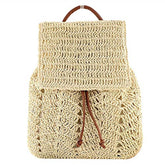 Women Straw Handmade Crochet Backpack Flap Drawstring Casual Beach Bag-Off White