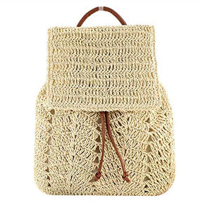 Women Straw Handmade Crochet Backpack Flap Drawstring Casual Beach Bag-Off White