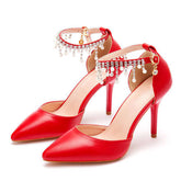 Pointed Toe 9.5cm High Heel Pearl Ankle Strap Wedding Dress Pump-Red