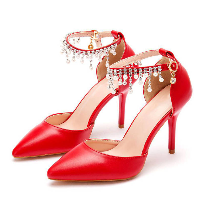 Pointed Toe 9.5cm High Heel Pearl Ankle Strap Wedding Dress Pump-Red