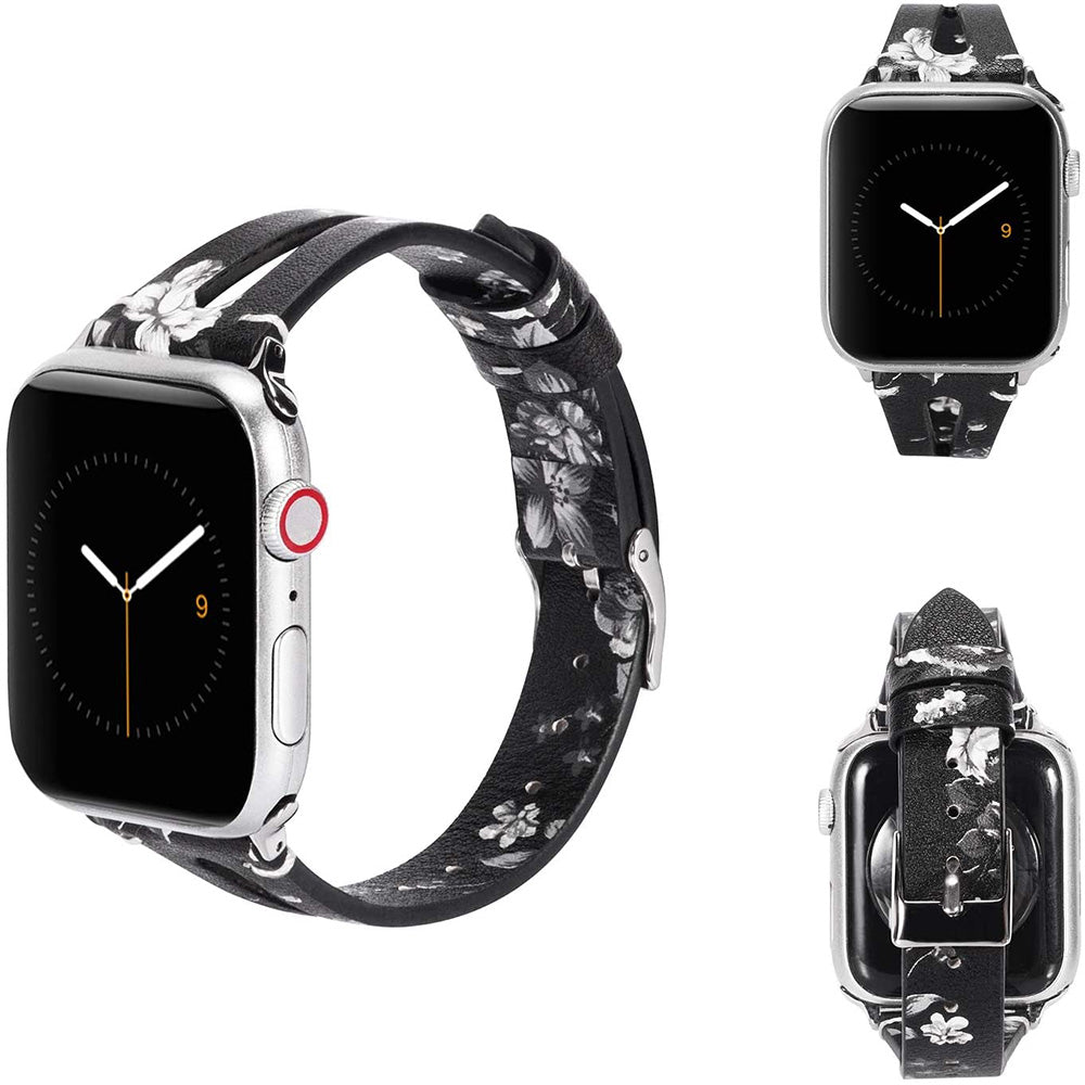 Fashion Triangle Hole Leather Watch Band For Apple Watch SE/6/5/4/3/2/1(Grey Flower)