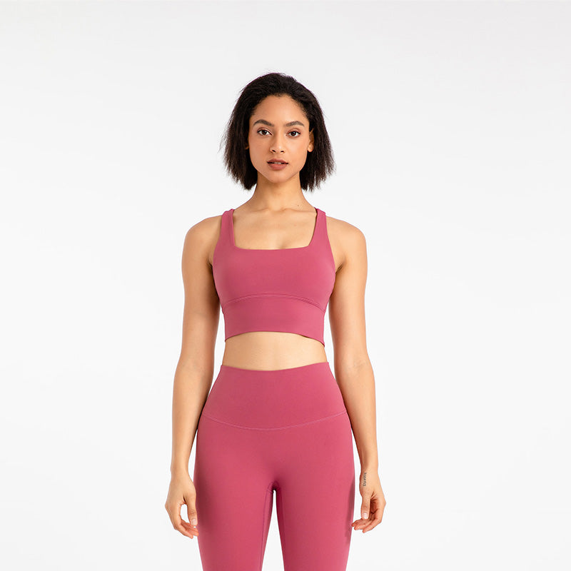 Cross Back Longline Sports Bras Wirefree Padded Crop Tank Top-Dark Pink