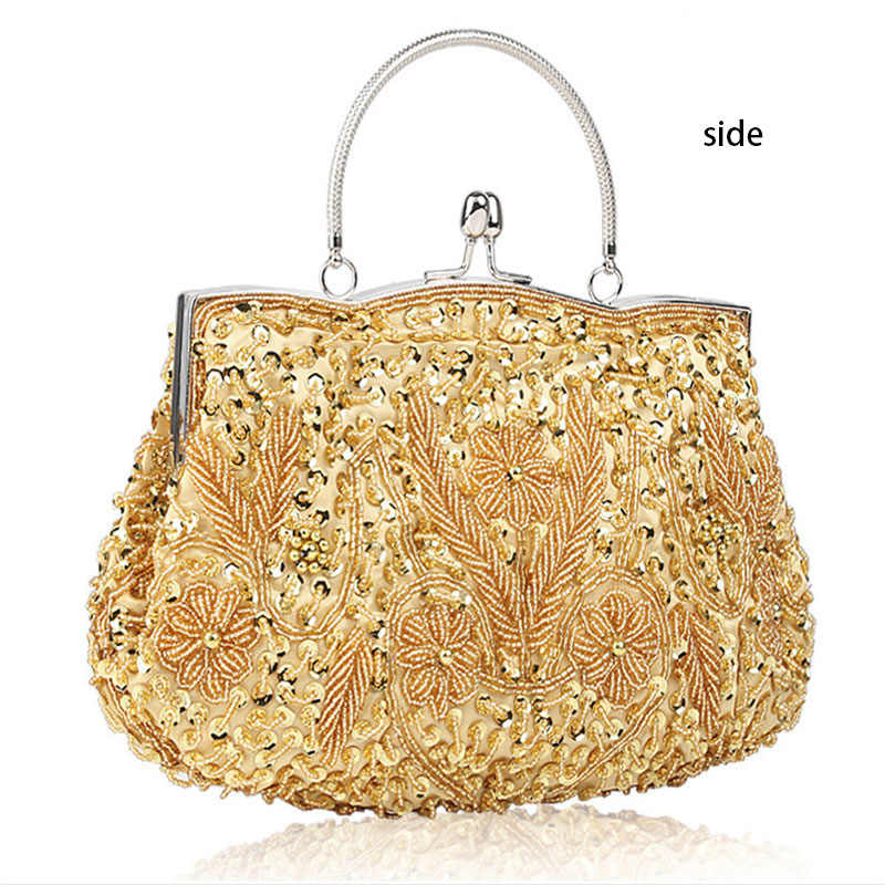 Beaded Sequin Design Flower Evening Purse Large Clutch Bag-Gold