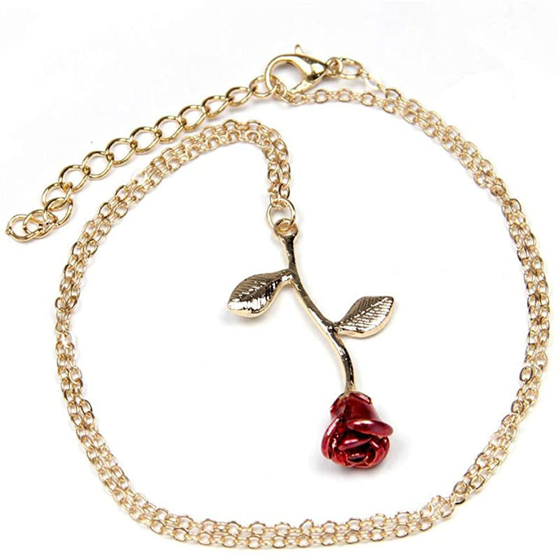 Womens Personalized Red Rose Pendant Necklace-Gold