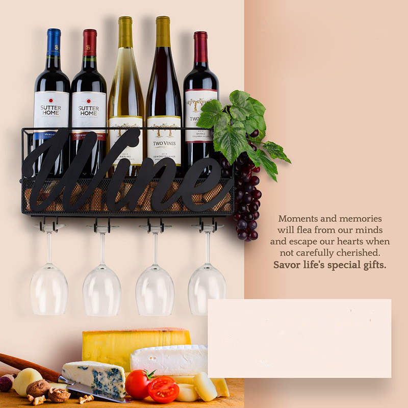 Wall Mounted Wine Rack Bottle Glass Holder Cork Storage with 6 Cork Wine Charms