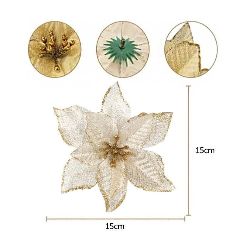 12 Pack 15cm Phnom Penh Small Flower Christmas Tree Decoration-Gold