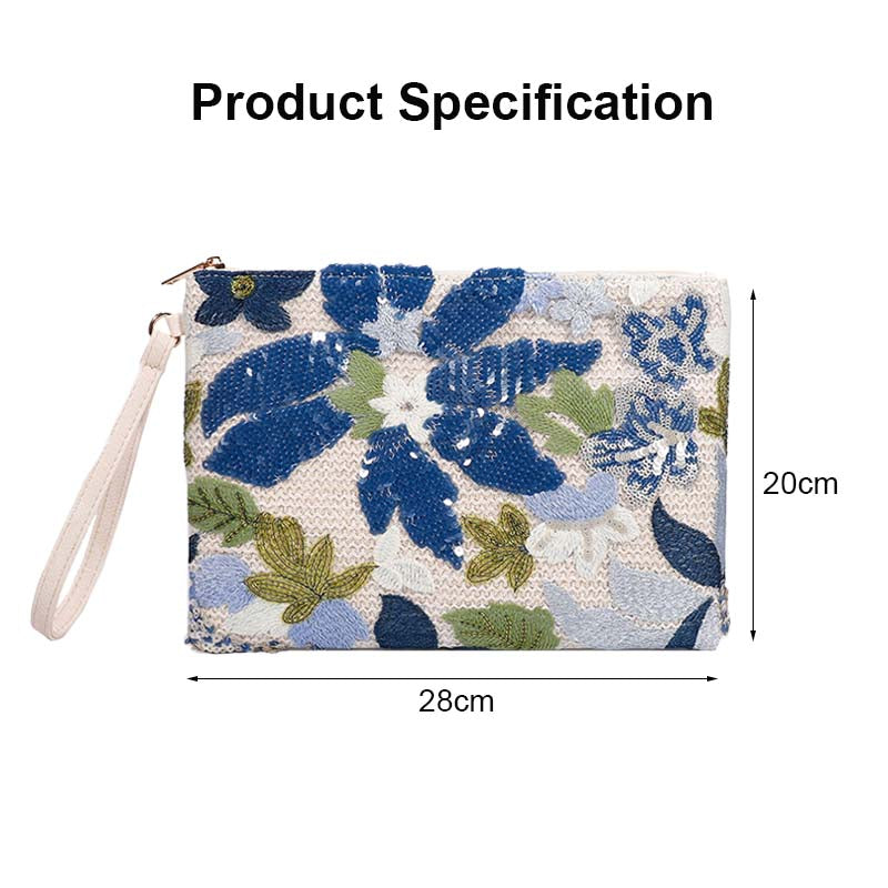 Women Clutches Embroidery Sequins Design Straw Bag for Vacation-Light Blue